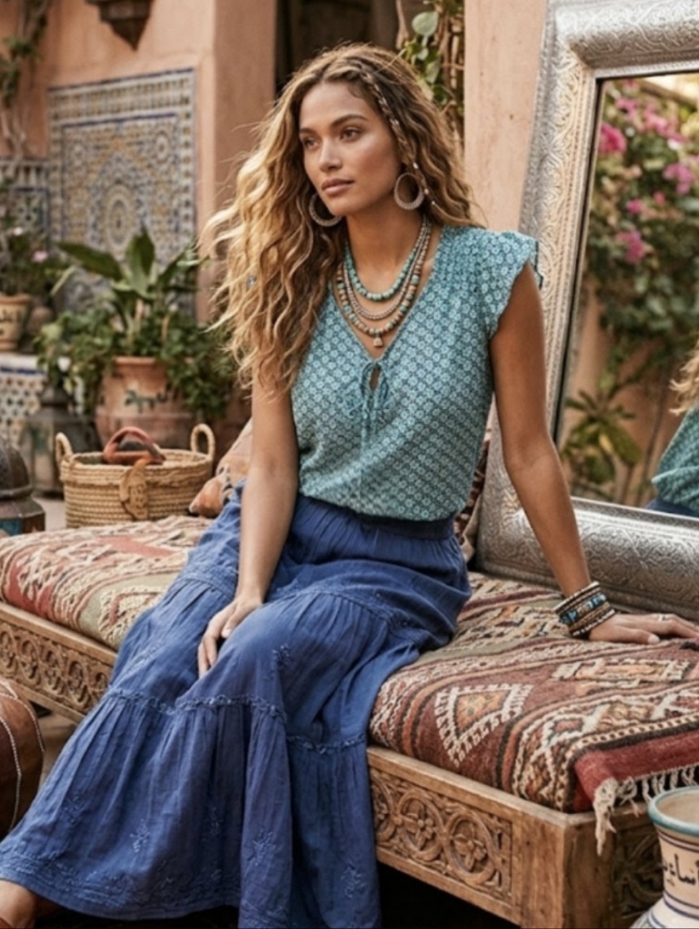 Merona Boho Teal Printed Tie-Neck Top
